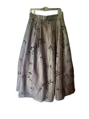 Elegant Black A-Line evening maxi Skirt with Black velvet Leaf detail L